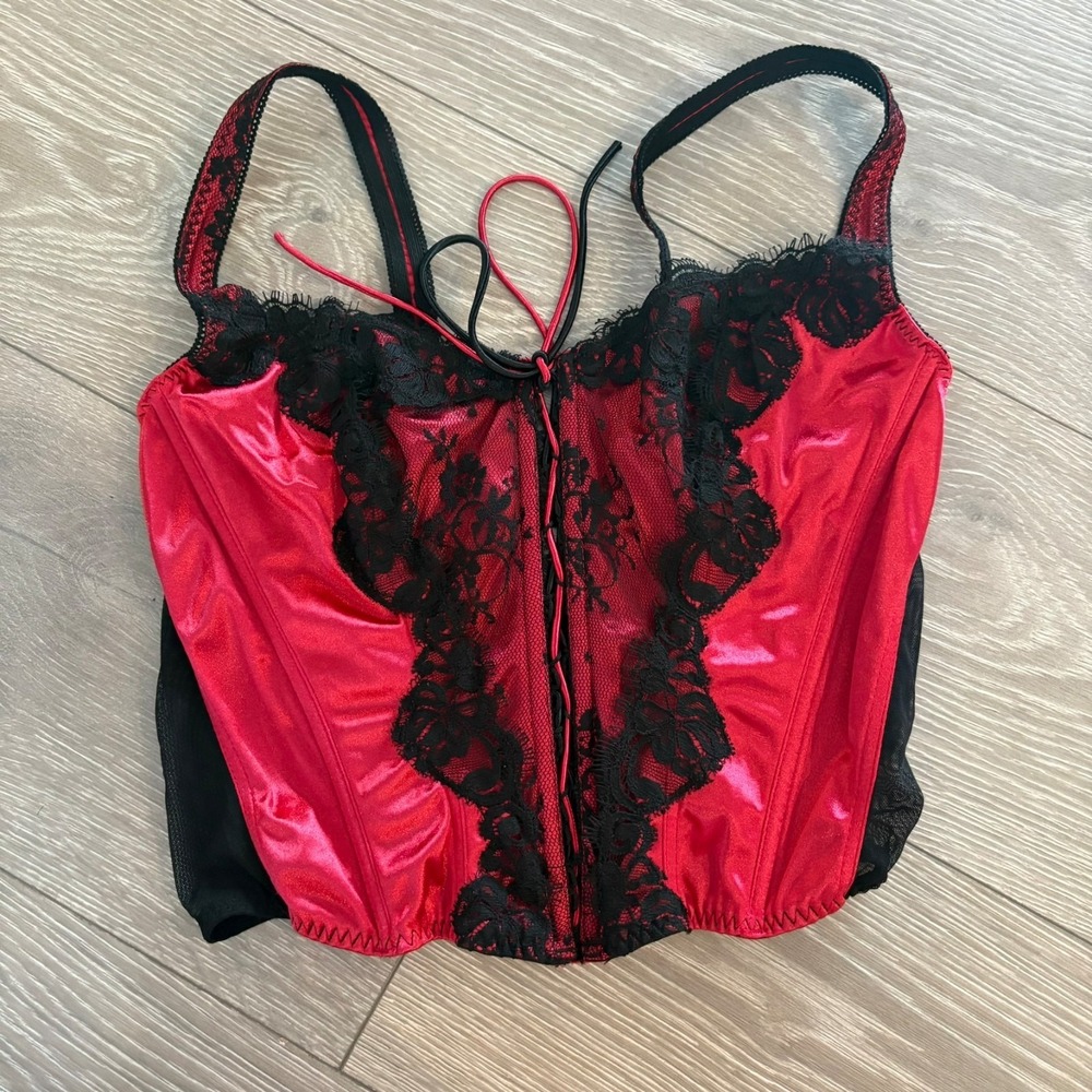 Vintage‎ 90 Delicates Womens Red Black Lace Details Front Tie Corset Top L